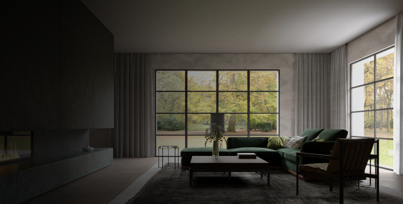 Living room opening onto a garden through black steel-framed glass doors